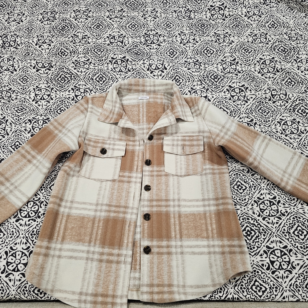Women's Plaid Button-Up Jacket - Cream and Tan